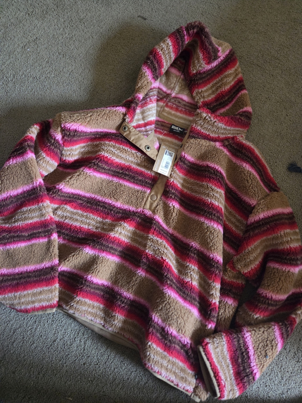 Eddie Bauer Tan Sherpa Jacket with Pink and Burgundy Stripes